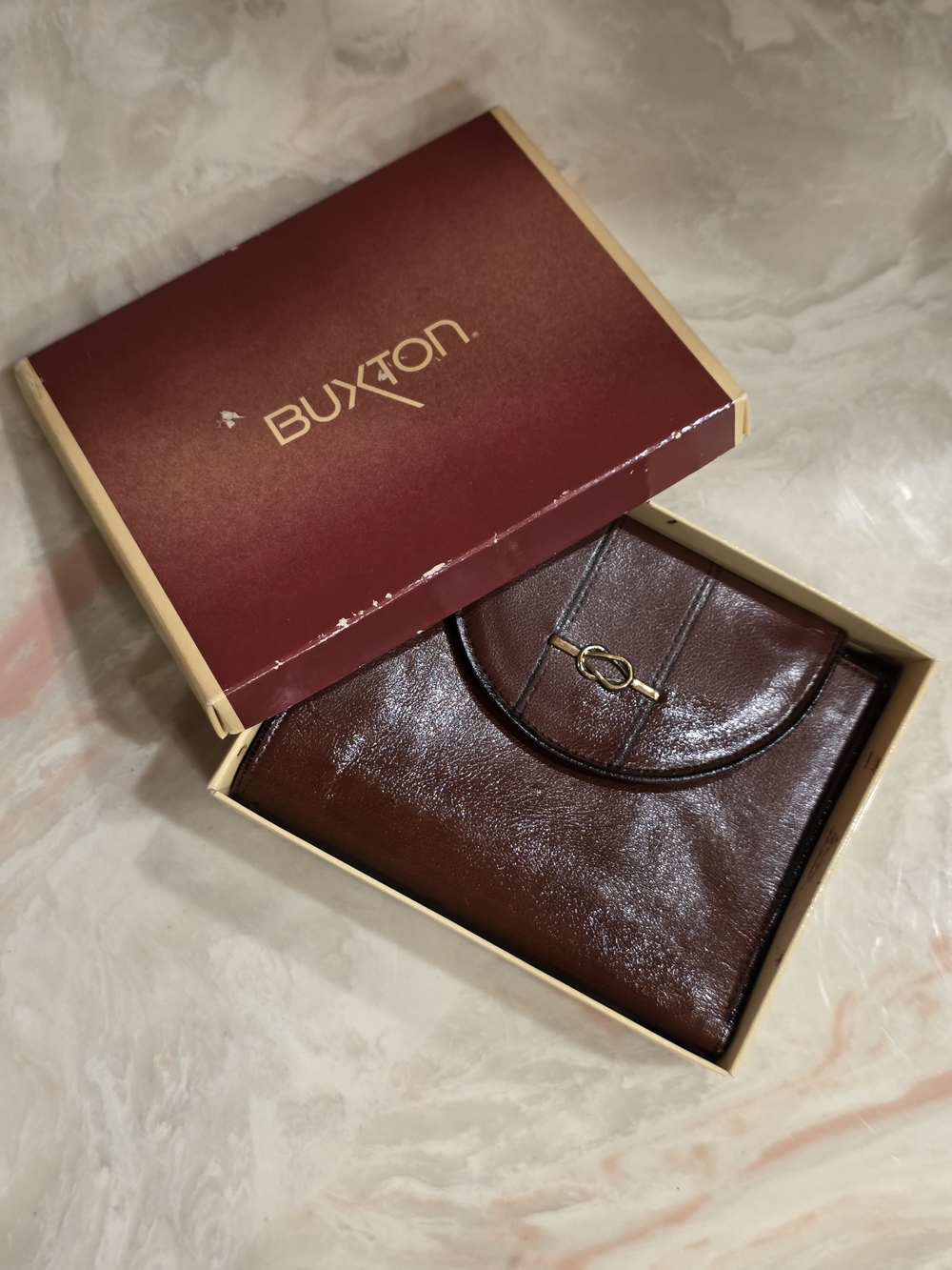 Buxton Dark Brown Leather Tri-Fold Wallet with Gold Hardware